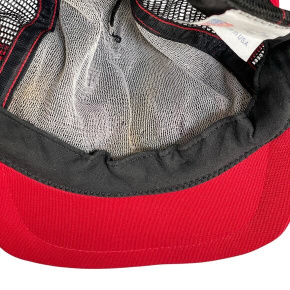 Vintage Justin Boots 3 Stripe Snapback Hat Trucker Mesh Large Black Red No Foam - Picture 10 of 11